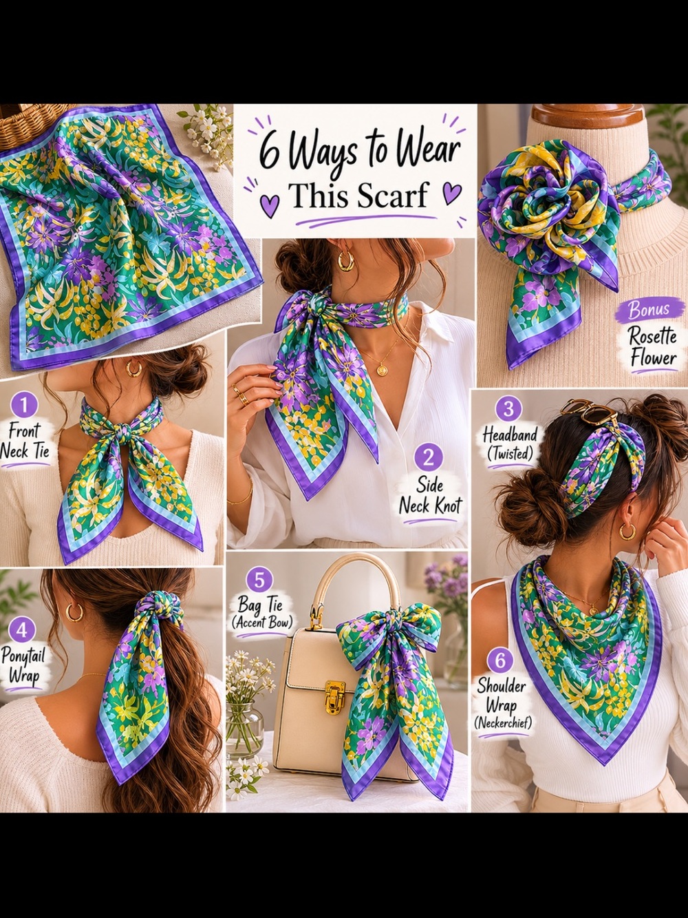 Zara Floral Print scarf Turquoise, Yellow, Purple, Pink